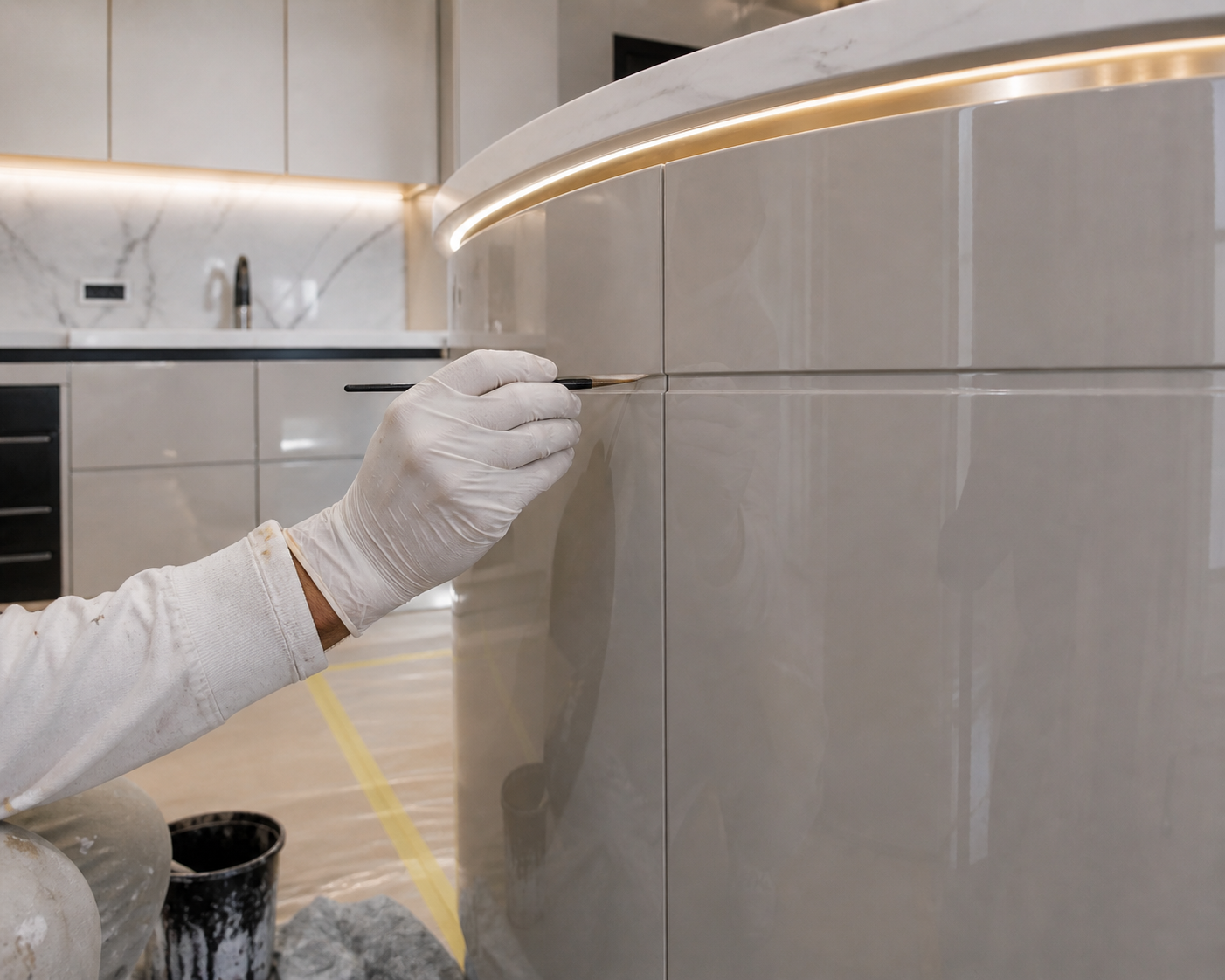 Hand-finished detail brushwork on a high-gloss curved cabinet