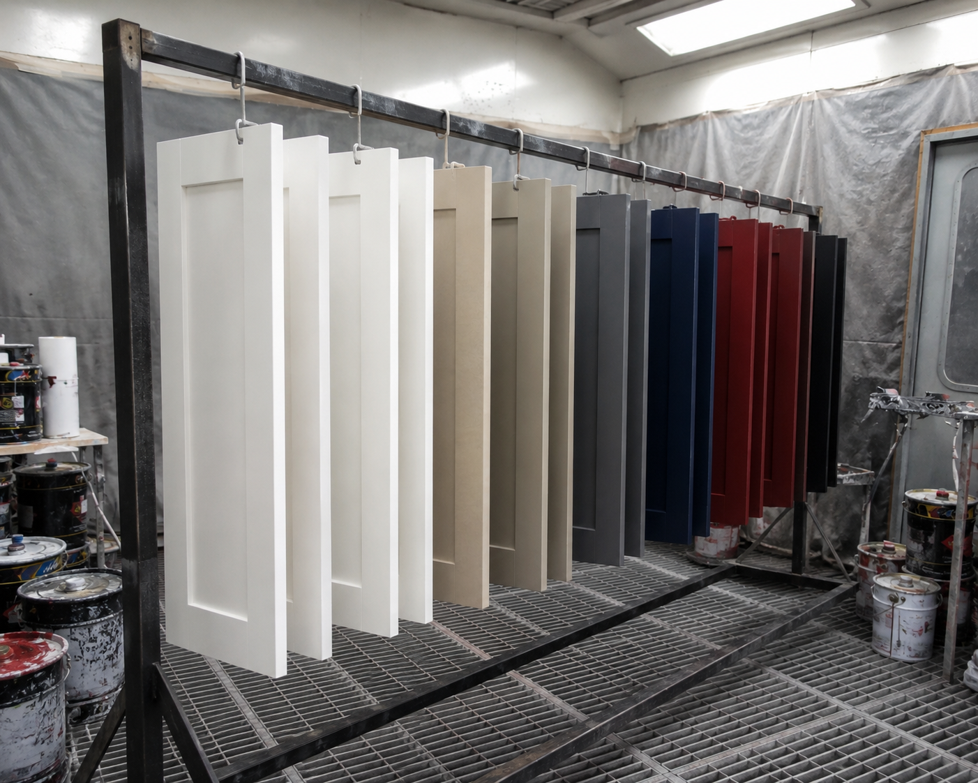 Range of 2-pac sprayed cabinet doors in custom colours, drying in the workshop