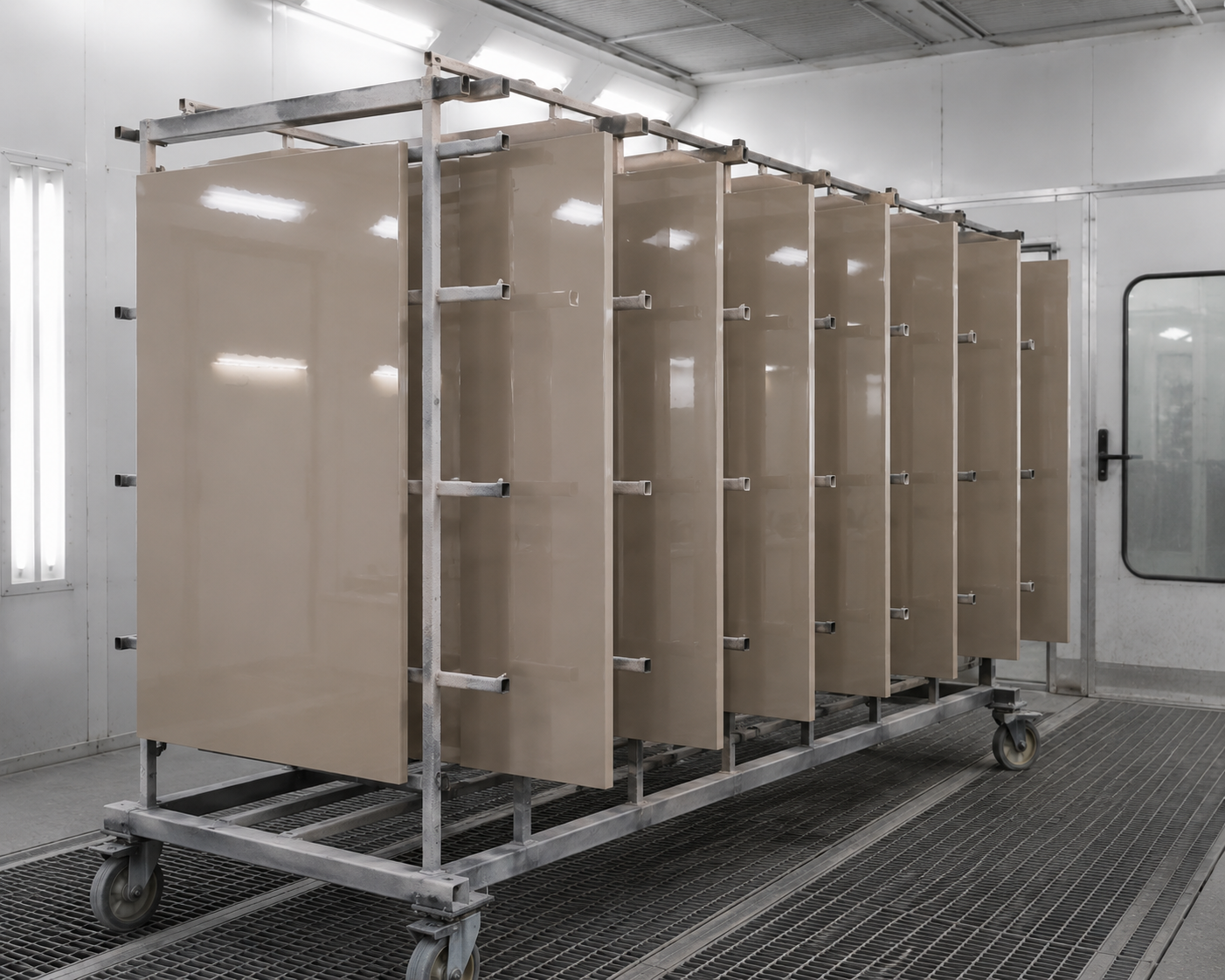 Freshly sprayed cabinet doors on a rolling rack inside the spray booth
